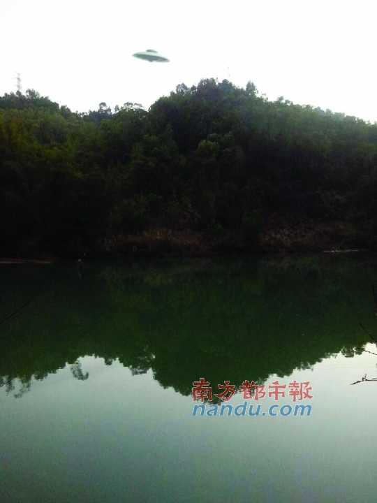 市民高女士在中山林场公园拍的两张照片,其中一张出现不明飞行物,而另一张没有出现飞行物。
