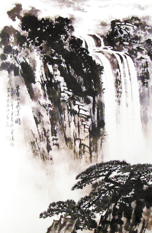 “宋文治／宋玉明山水画展”昨日在深展出，左图为展出的宋文治作品《庐山飞瀑图》。下图为宋玉明作品《居山图》。