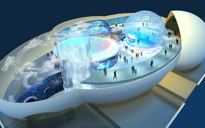 游客在展馆中浏览,犹如“云中漫步”。效果图 世博气象馆“云中水滴”破土动工(图)