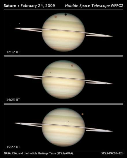 罕见四星凌土奇观：4颗土星卫星一字排开(图)